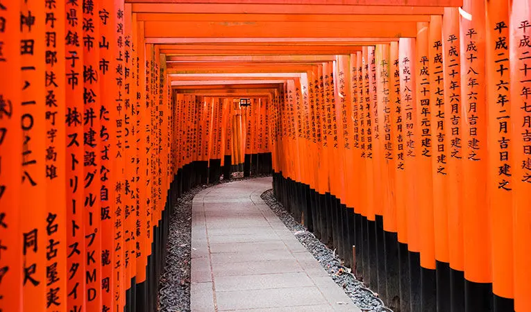 An orange path that leads to the shrine at Fushimi Inari Taisha in Japan